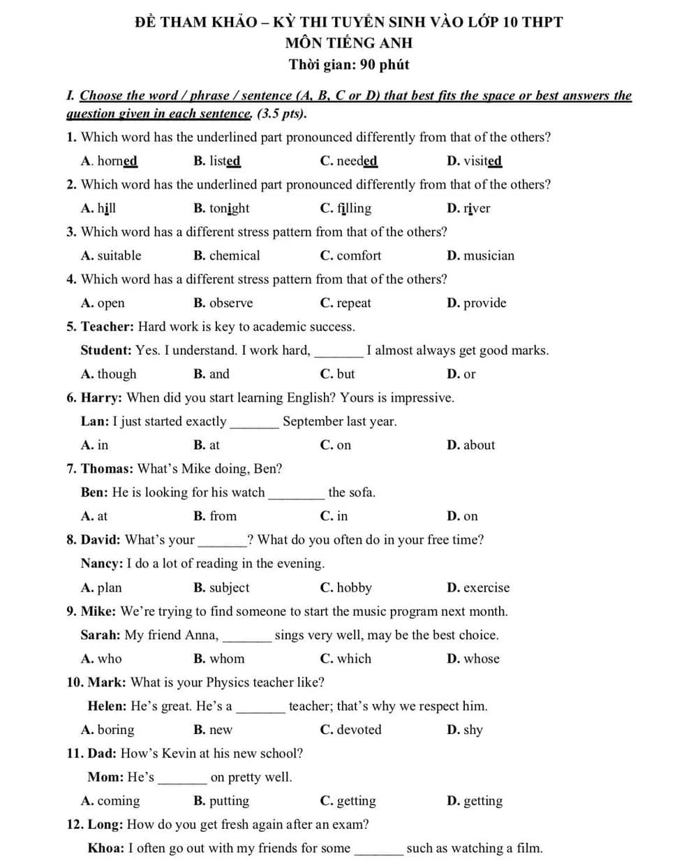 Đề tham khảo thi vào 10 môn tiếng Anh TP HCM 2025