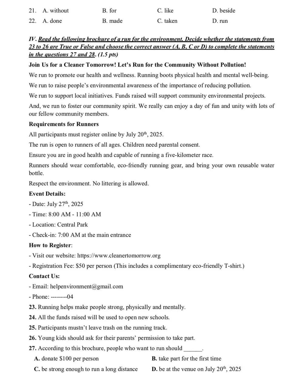 Đề tham khảo thi vào 10 môn tiếng Anh TP HCM 2025