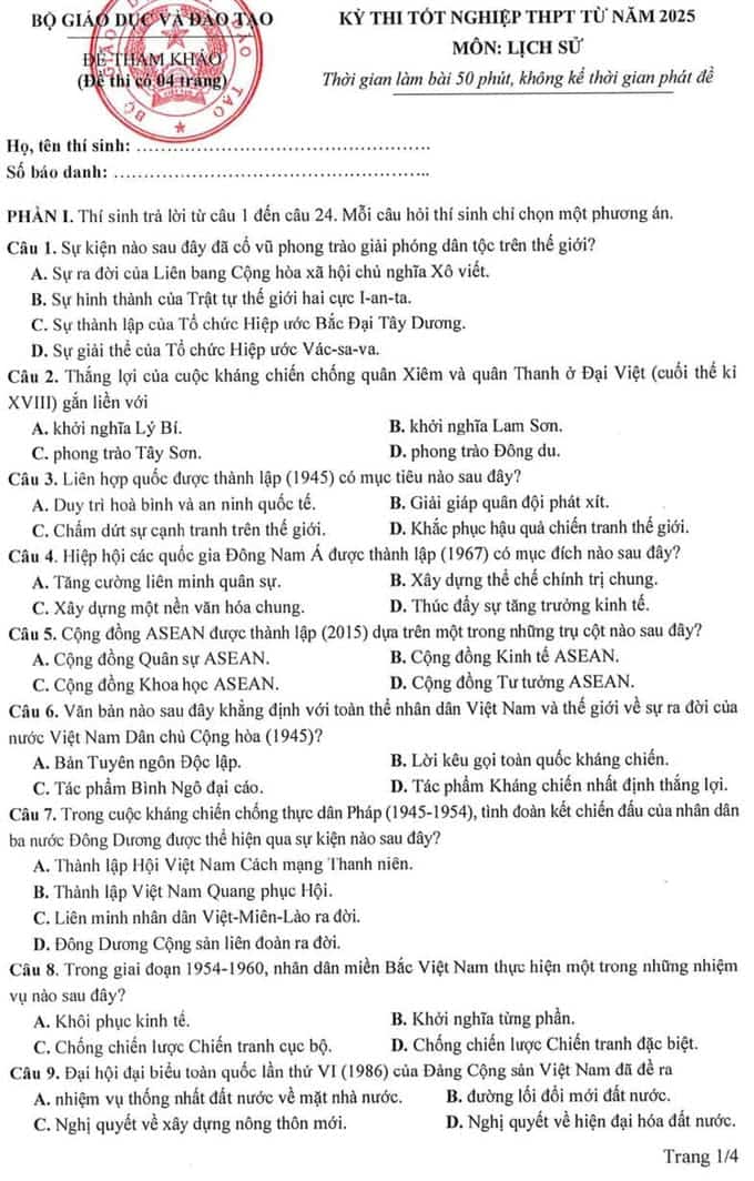 Đề minh họa Sử 2025 chính thức của Bộ GD