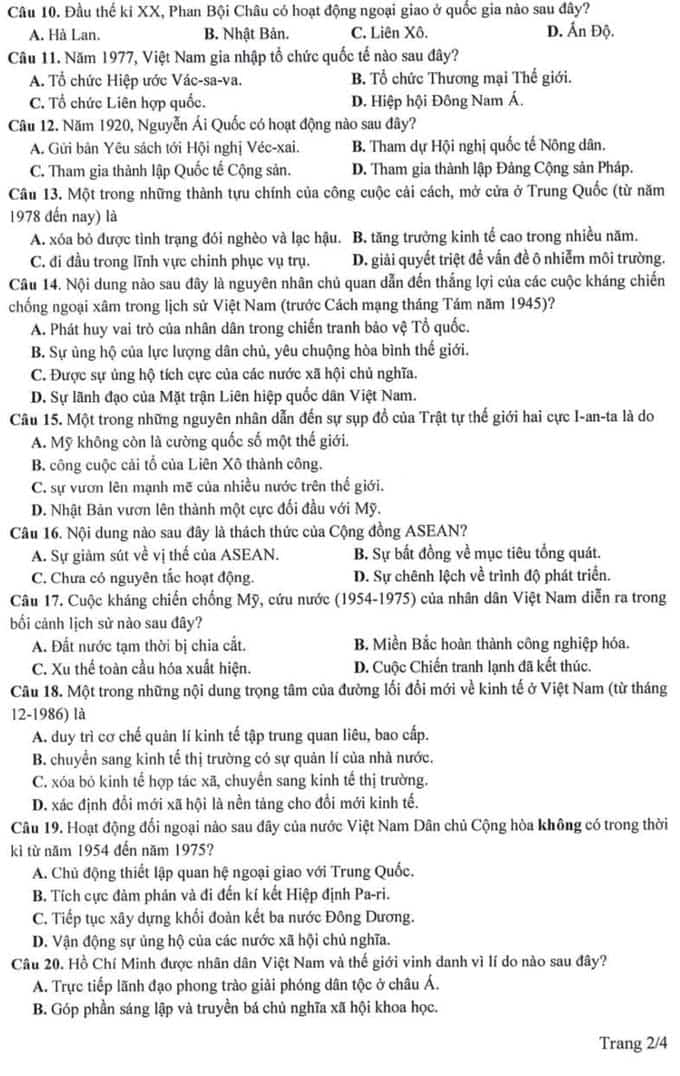 Đề minh họa Sử 2025 chính thức của Bộ GD