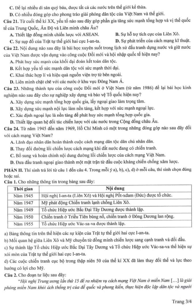 Đề minh họa Sử 2025 chính thức của Bộ GD
