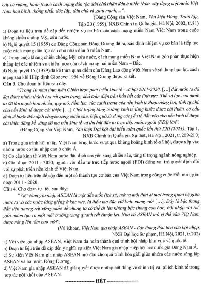 Đề minh họa Sử 2025 chính thức của Bộ GD