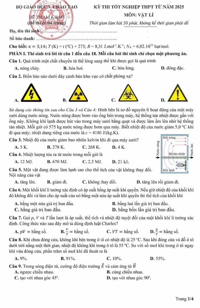 Đáp án đề tham khảo 2025 môn Vật lý thi tốt nghiệp THPT Quốc gia