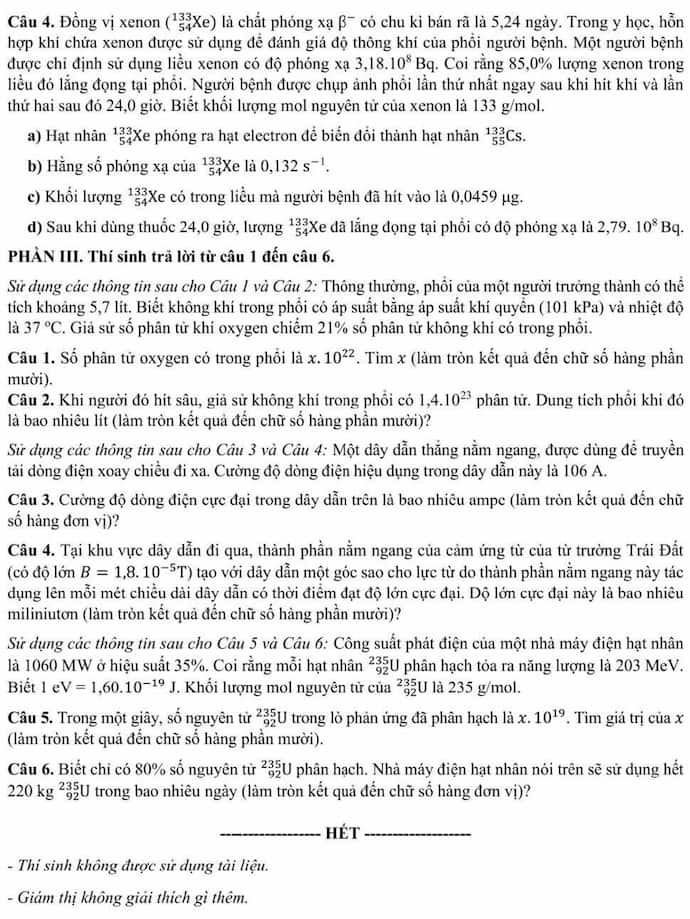 Đề thi tham khảo môn Vật lý tốt nghiệp THPT 2025