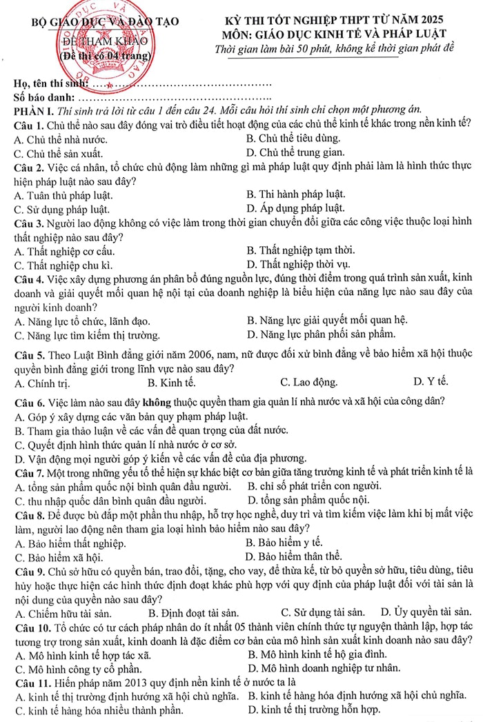 Đề tham khảo môn Kinh tế pháp luật 2025