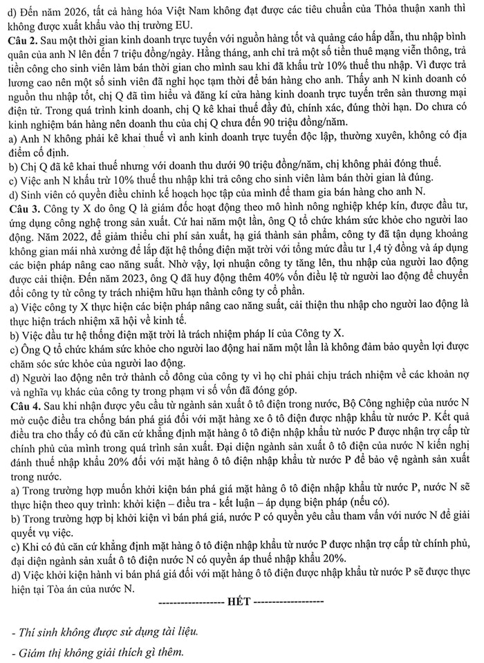 Đề tham khảo môn Kinh tế pháp luật 2025