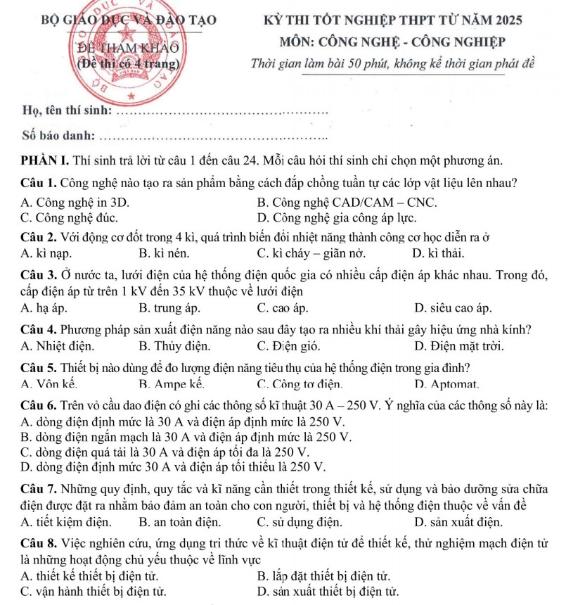 Đề minh họa Công nghệ Công nghiệp 2025