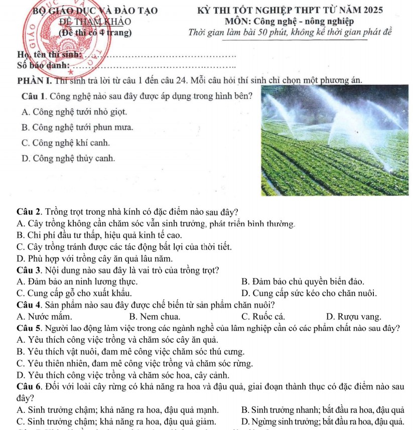 Đề minh họa Công nghệ Nông nghiệp 2025