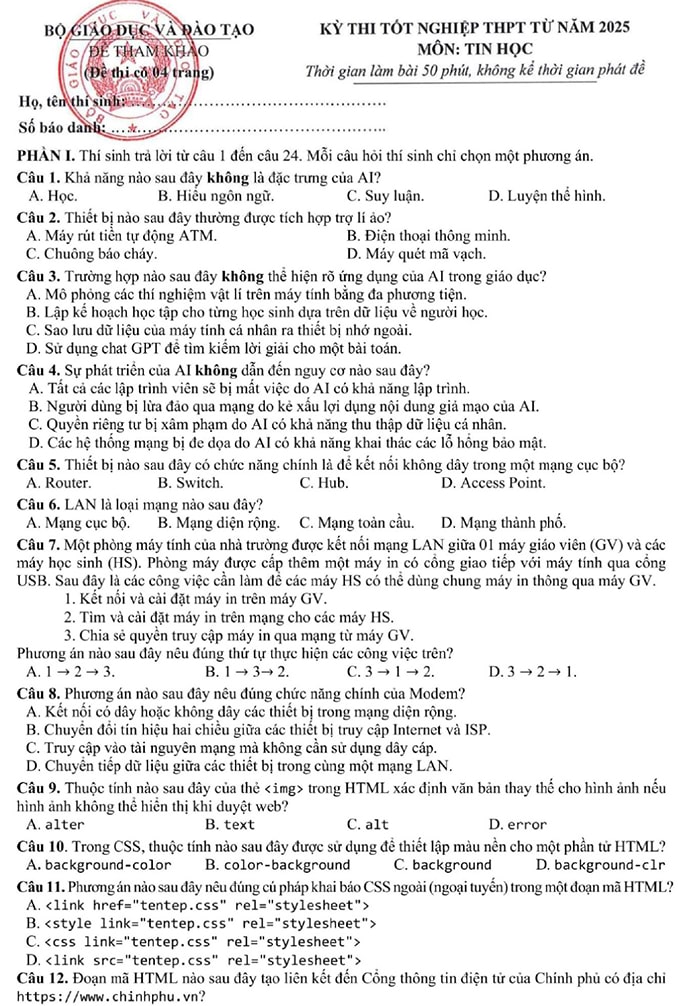 Đề tham khảo môn Tin học 2025
