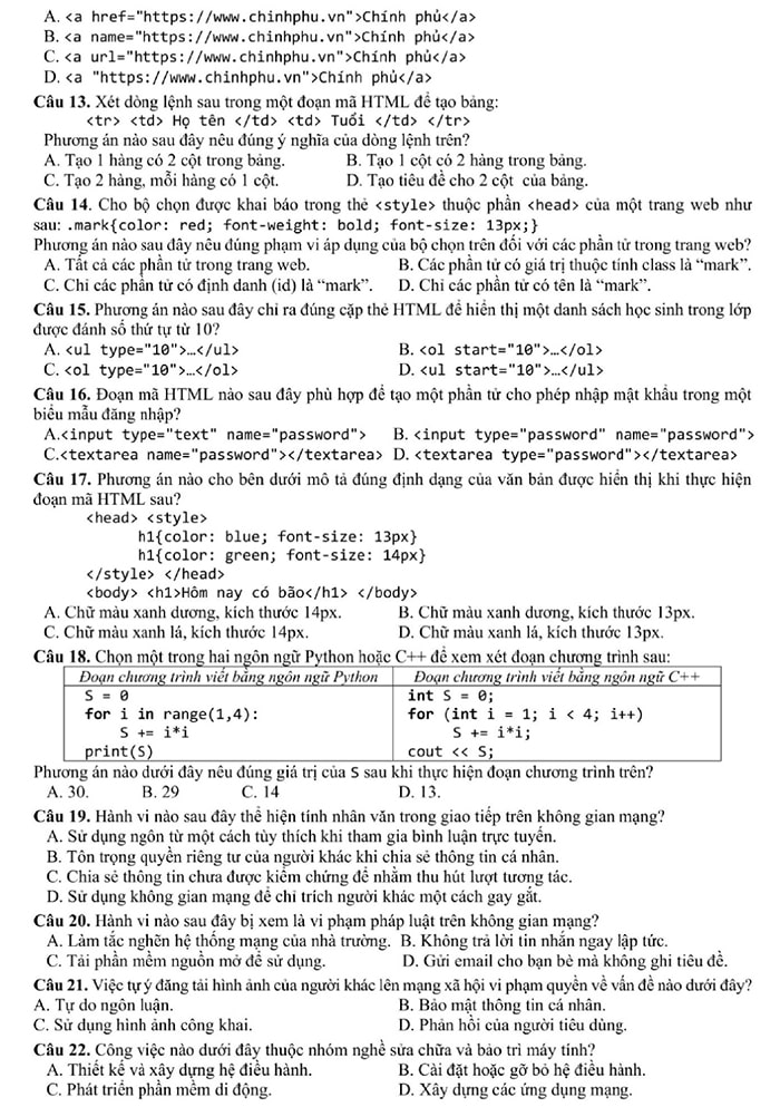Đề tham khảo môn Tin học 2025