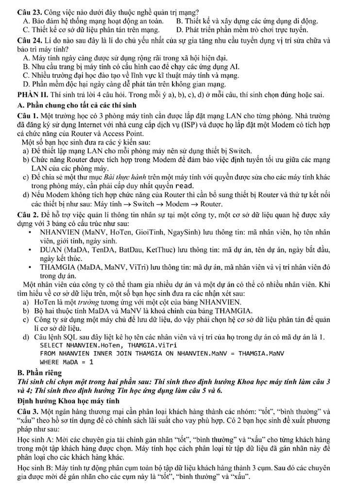 Đề tham khảo môn Tin học 2025