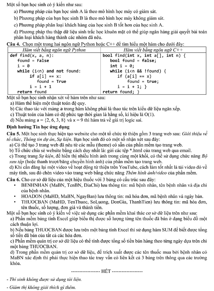 Đề tham khảo môn Tin học 2025