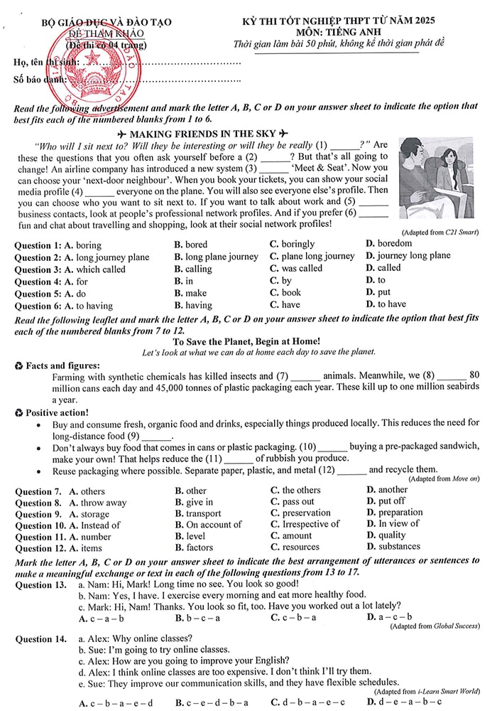 Đề minh họa thi tốt nghiệp THPT 2025 môn Anh
