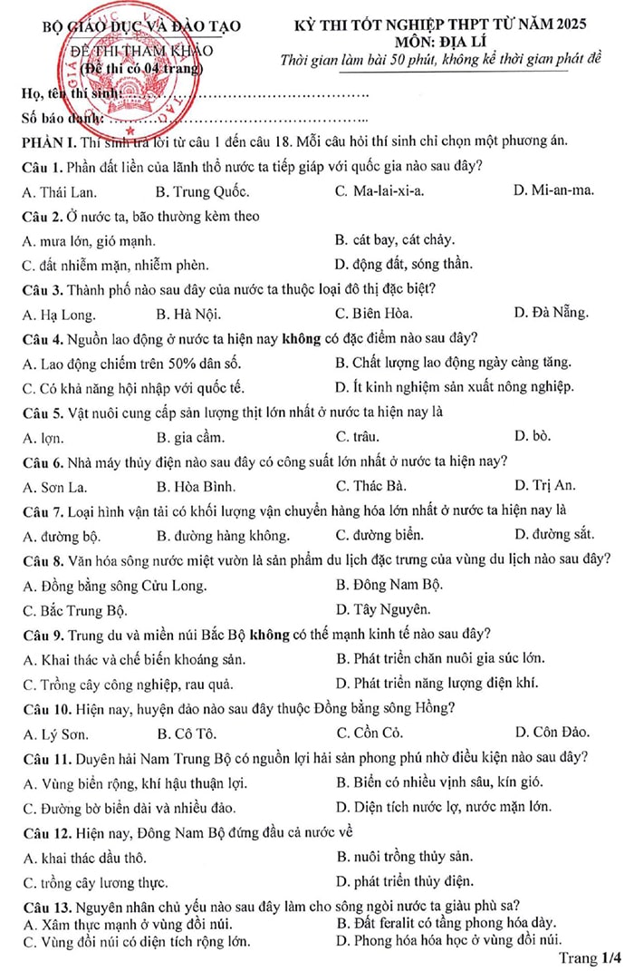 Đề tham khảo thi tốt nghiệp THPT 2025 môn Địa