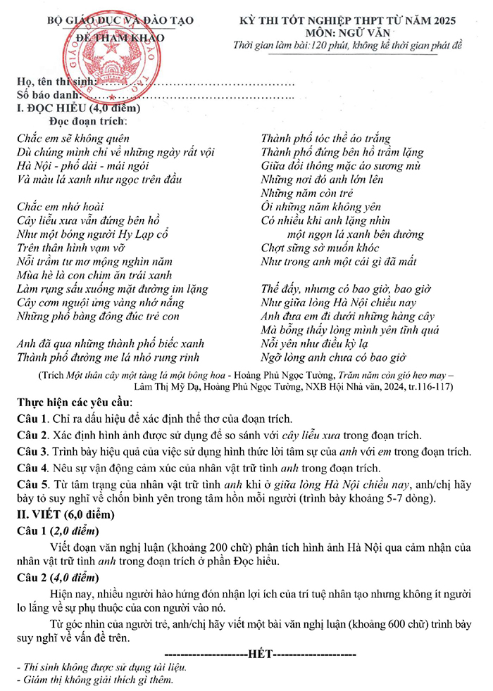 Đề thi minh họa tốt nghiệp THPT 2025 môn Văn