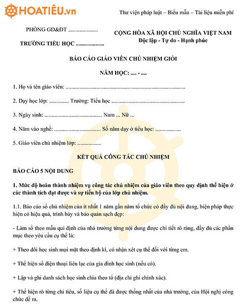 Báo cáo thành tích giáo viên chủ nhiệm giỏi