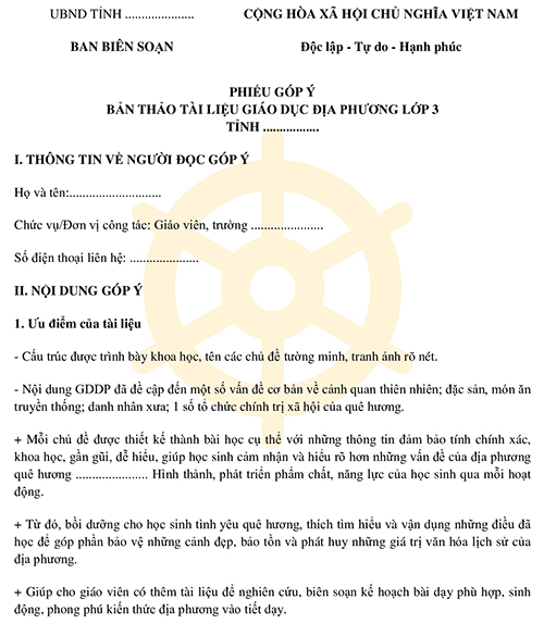 Phiếu góp ý bản thảo tài liệu giáo dục địa phương