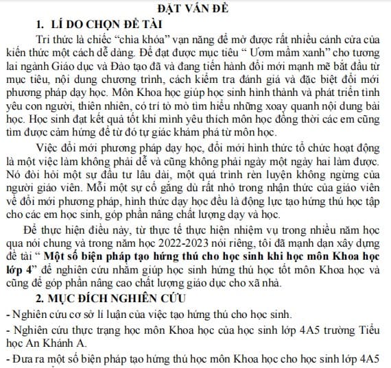 Sáng kiến Một số biện pháp tạo hứng thú cho học sinh khi học môn Khoa học lớp 4