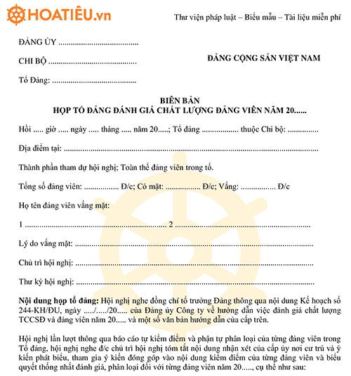 Biên bản họp tổ đảng đánh giá chất lượng đảng viên cuối năm