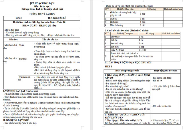 Giáo án Word STEM Lịch để bàn tiện ích