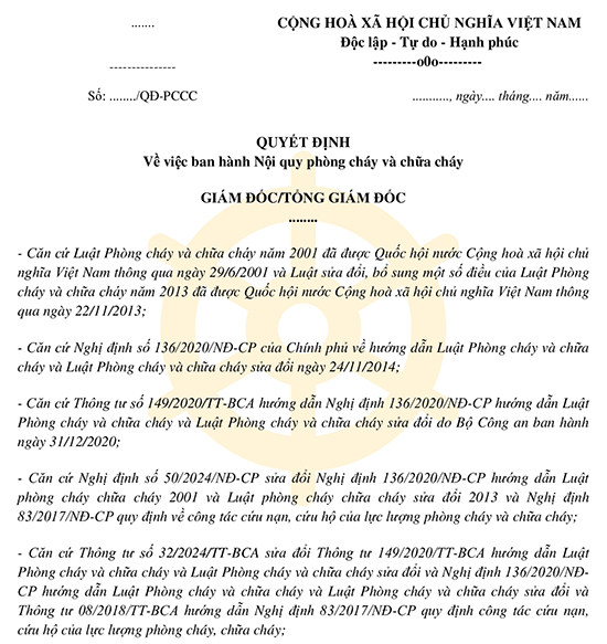 Mẫu Quyết định ban hành Nội quy phòng cháy chữa cháy 2024