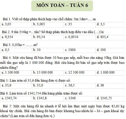 Phiếu bài tập cuối tuần môn Toán lớp 5 Kết nối tri thức
