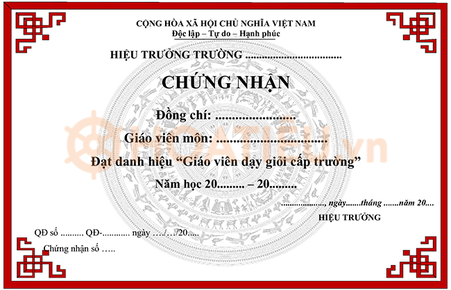 Mẫu giấy chứng nhận giáo viên dạy giỏi cấp trường
