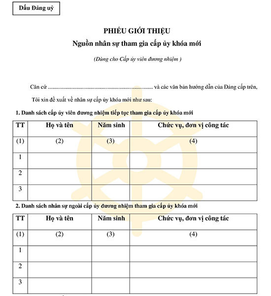 Mẫu phiếu giới thiệu nhân sự tham gia Cấp ủy chi bộ