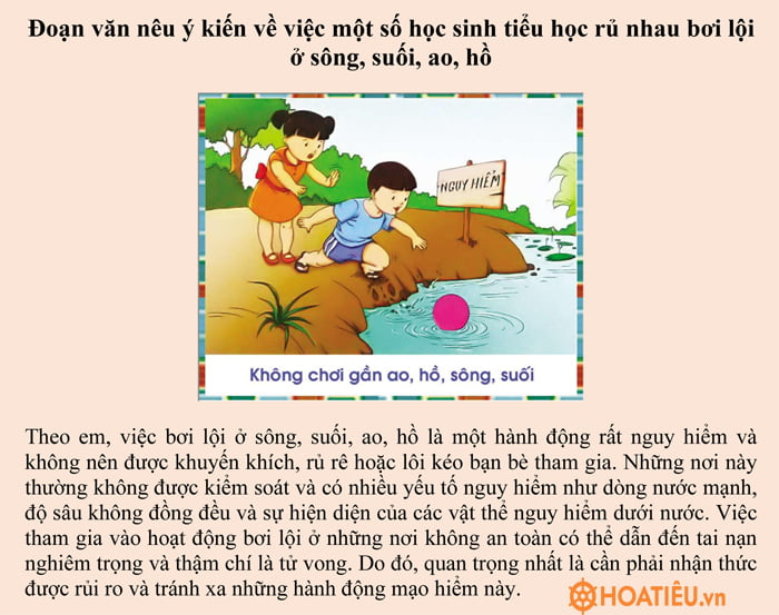 Đoạn văn nêu ý kiến về việc học sinh tiểu học rủ nhau bơi lội ở sông, suối hoặc ao, hồ