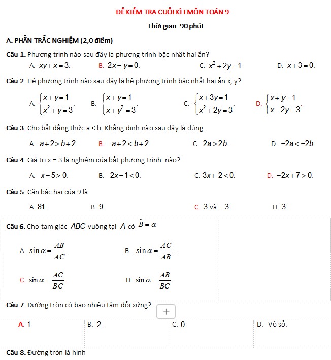 Đề thi cuối kì 1 Toán 9 Cánh Diều