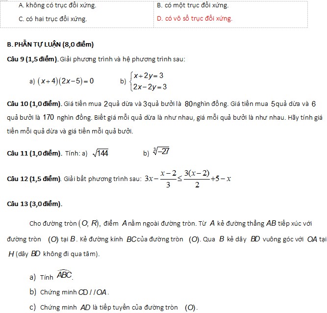 Đề thi cuối kì 1 Toán 9 Cánh Diều