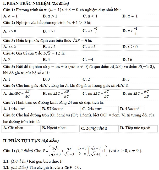 Đề thi học kì 1 lớp 9 môn Toán có đáp án
