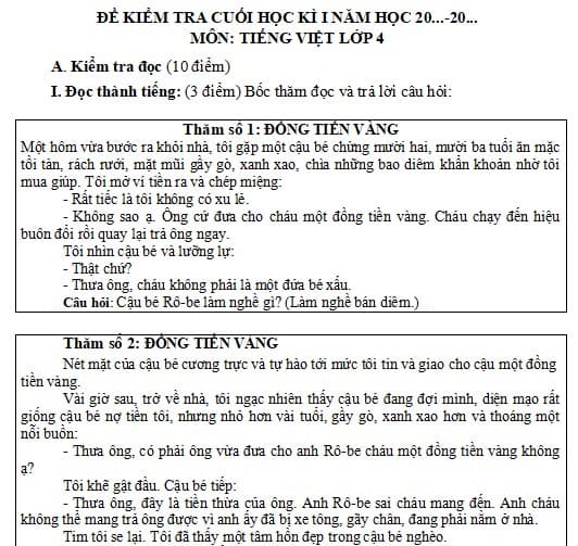 Đề kiểm tra cuối học kì 1 lớp 4 sách Kết nối môn Tiếng Việt