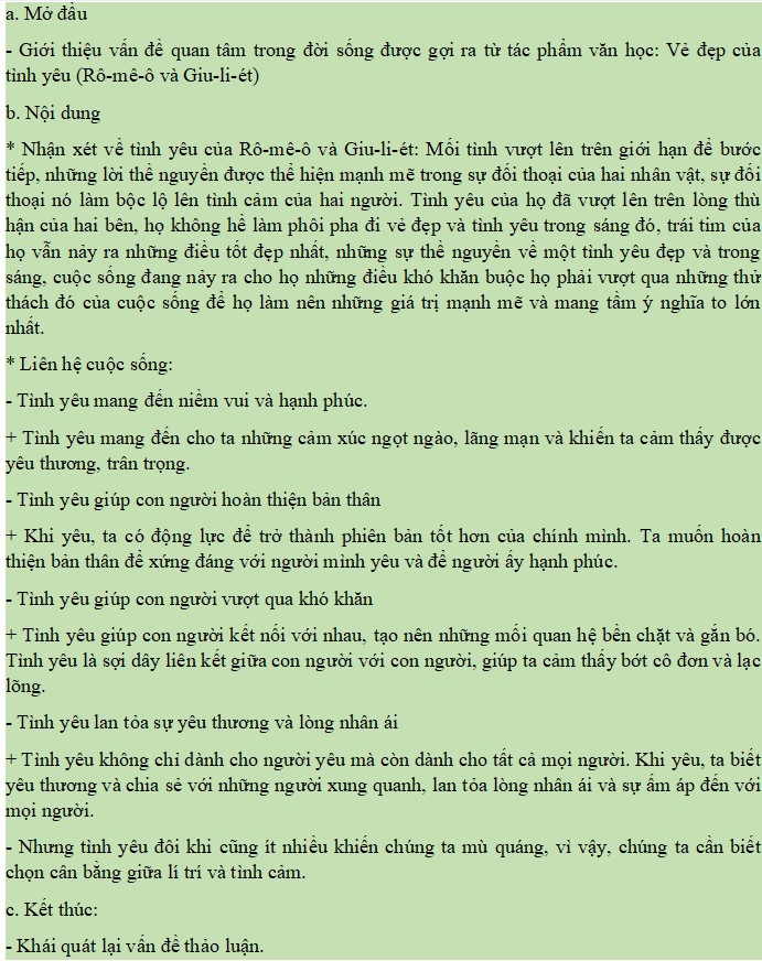 Dàn ý thảo luận về Vẻ đẹp của tình yêu trong Rô-mê-ô và Giu-li-ét