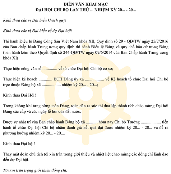 Diễn văn khai mạc Đại hội Chi bộ