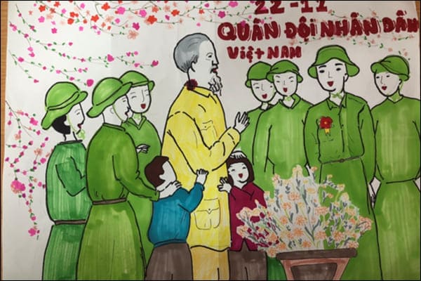 Tranh vẽ Bác Hồ với các chú bộ đội vào dịp Tết