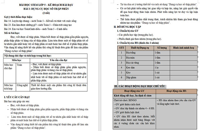 Giáo án Word STEM Dụng cụ học số thập phân