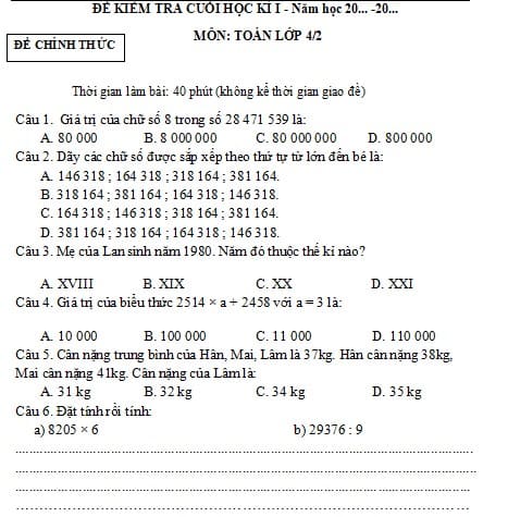Đề kiểm tra Toán cuối kì 1 lớp 4 Kết nối tri thức