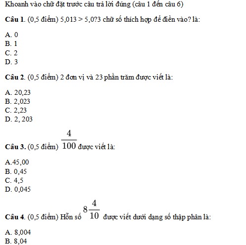 Đề thi cuối học kì 1 lớp 5 môn Toán Chân trời sáng tạo