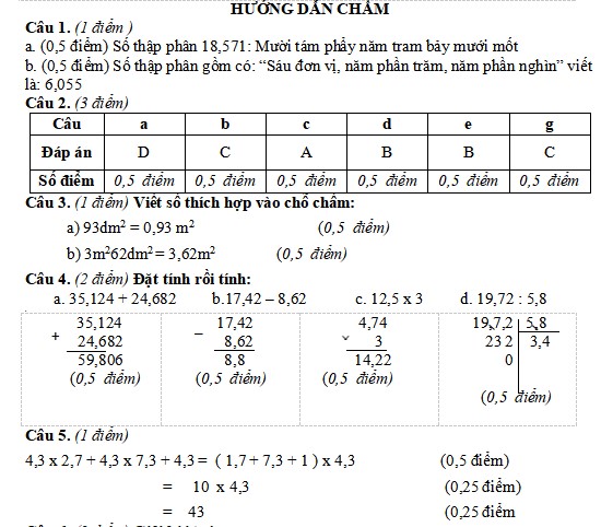 Đề thi Học kì 1 Toán lớp 5 Chân trời sáng tạo