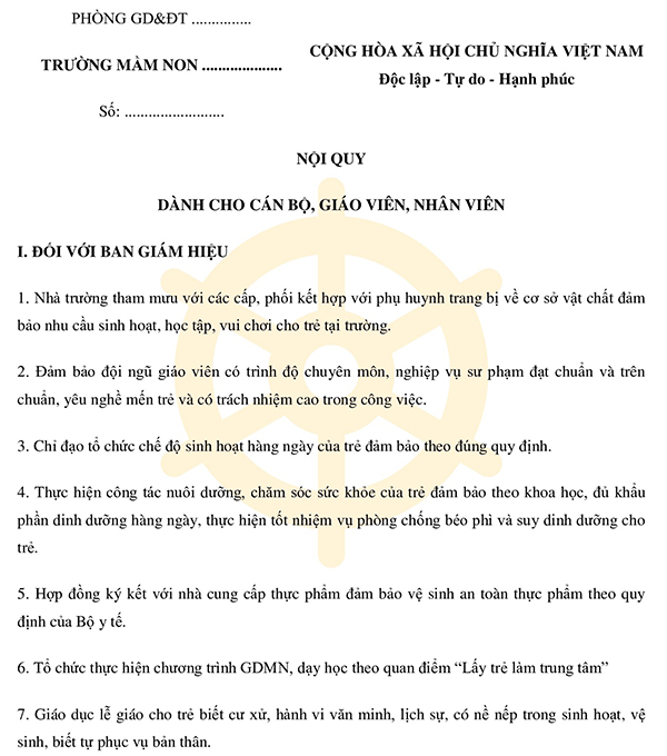 Nội quy dành cho giáo viên Mầm non