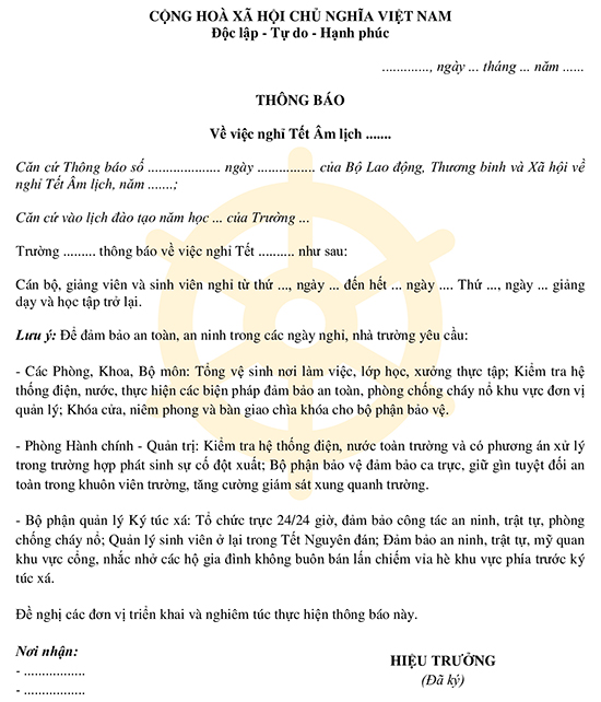 Mẫu thông báo nghỉ Tết 2025