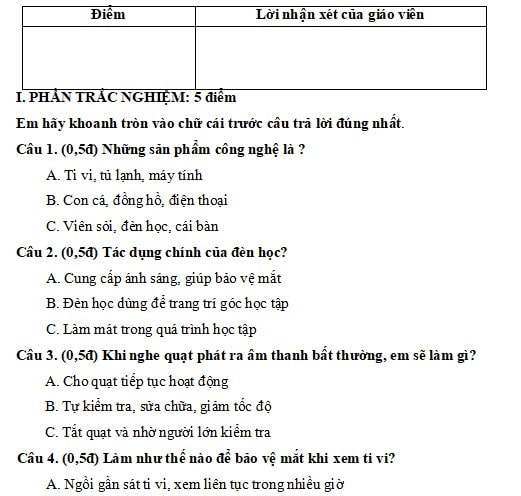 Đề thi học kì 1 môn Công nghệ 3 Cánh Diều