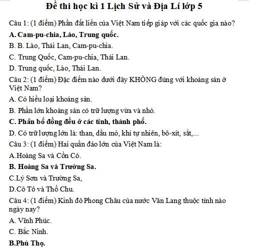 Đề thi học kì 1 Lịch Sử và Địa Lí lớp 5 Cánh Diều