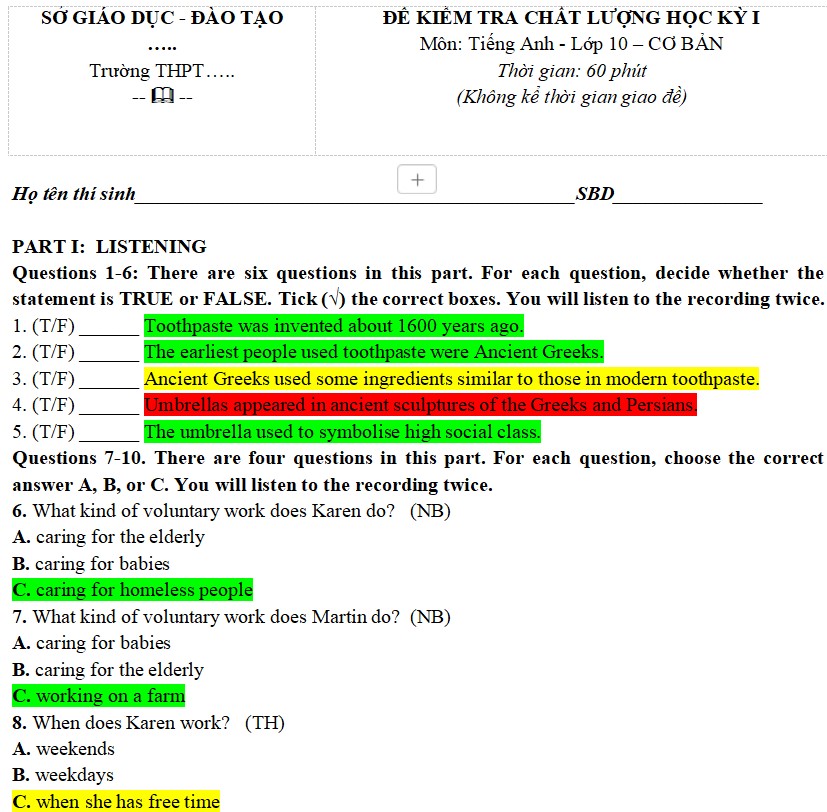 Đề thi cuối kì 1 Tiếng Anh 10 Global Success