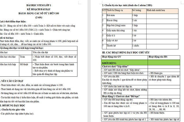 Giáo án Word STEM Làm bảng các số từ 1 đến 100