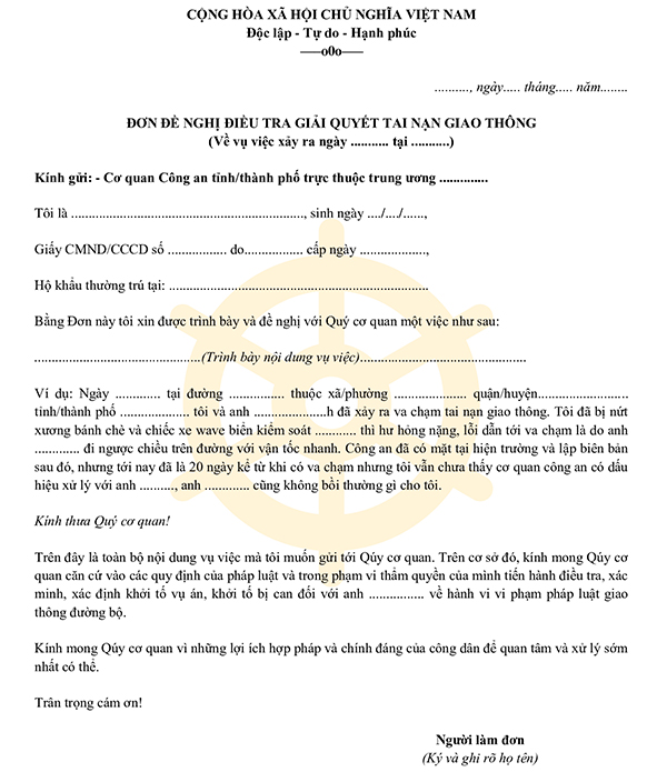 Đơn đề nghị điều tra giải quyết tai nạn giao thông