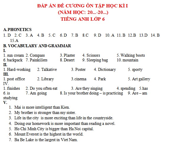 Đề cương ôn tập học kì 1 Tiếng Anh 6 Global Success