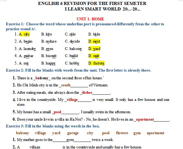 Đề cương ôn tập học kì 1 Tiếng Anh 6 I-learn Smart World