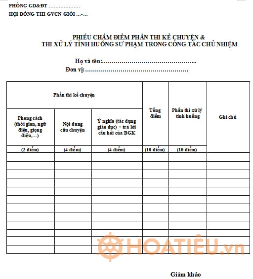Phiếu chấm thi Giáo viên chủ nhiệm giỏi cấp huyện